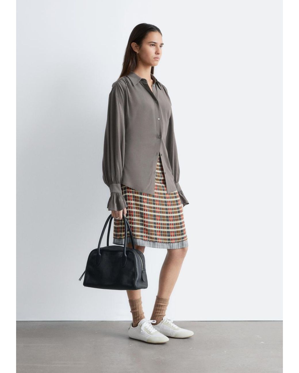 & Other Stories Gray Tie-Back Gathered Blouse