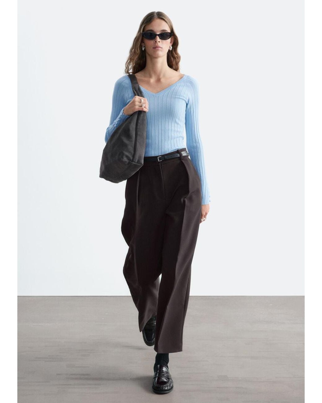 & Other Stories Blue Ribbed Wool V-Neck Top