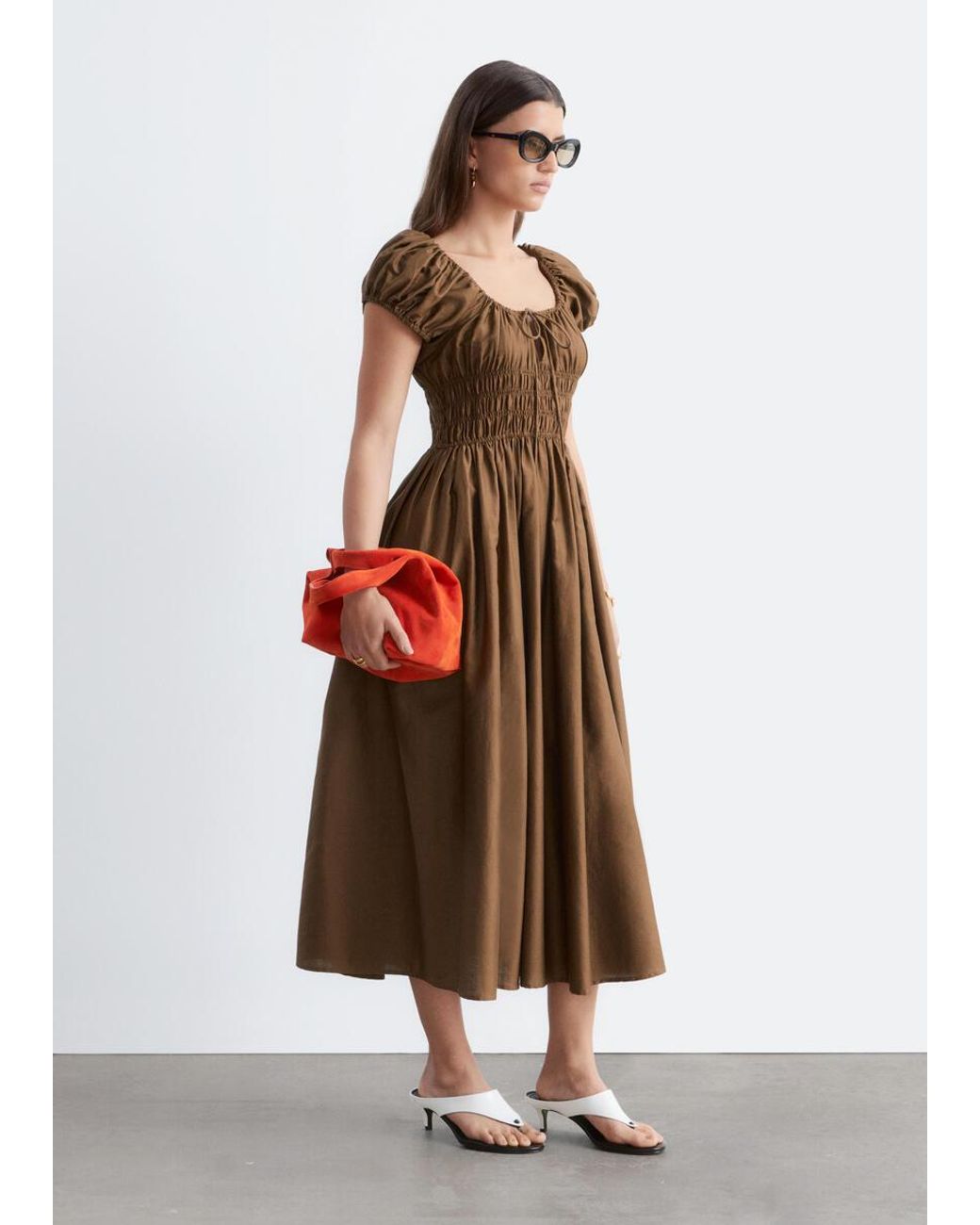 & Other Stories Brown Cotton Smocked Midi Dress