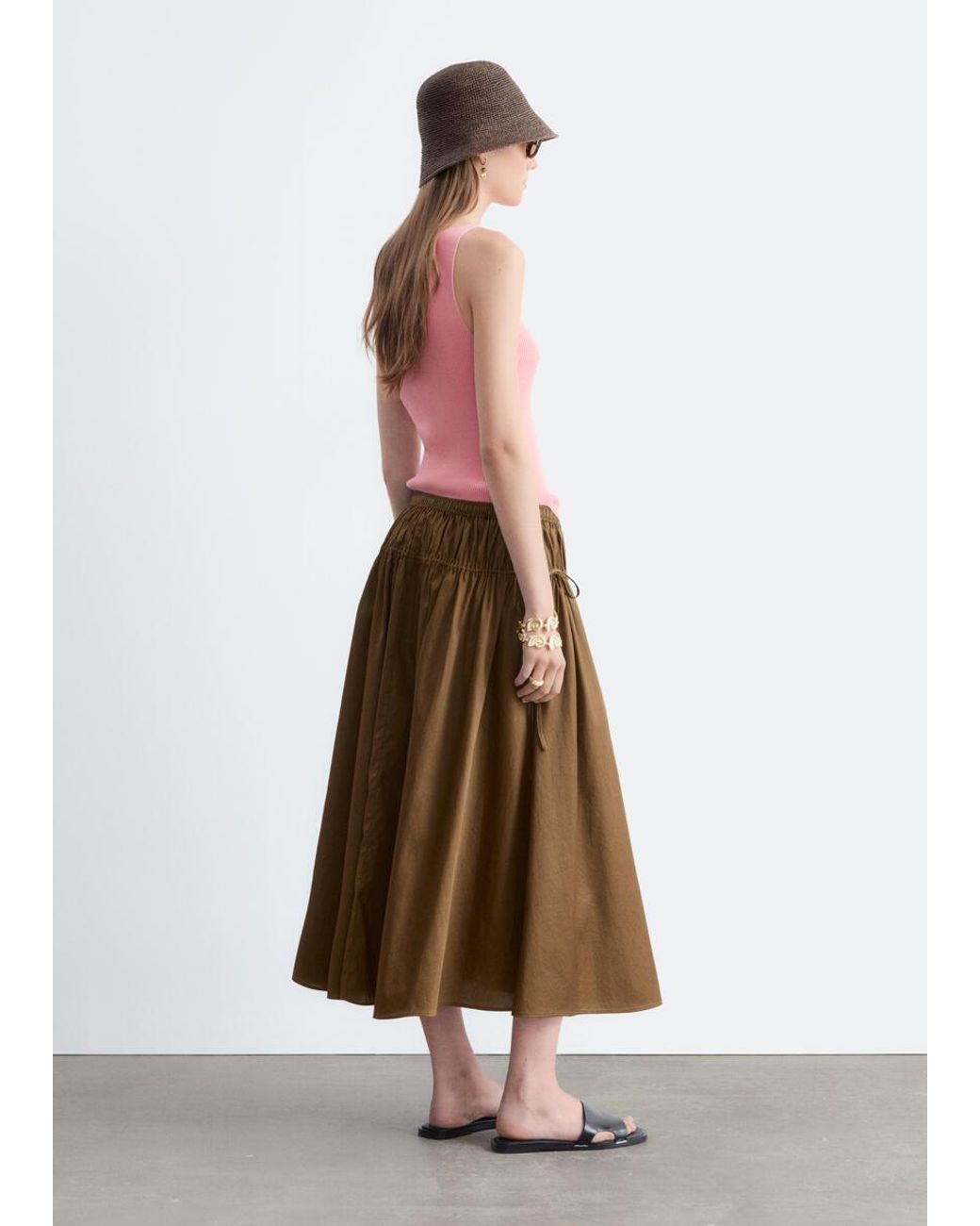 & Other Stories Pink Cotton Drawstring Midi Skirt