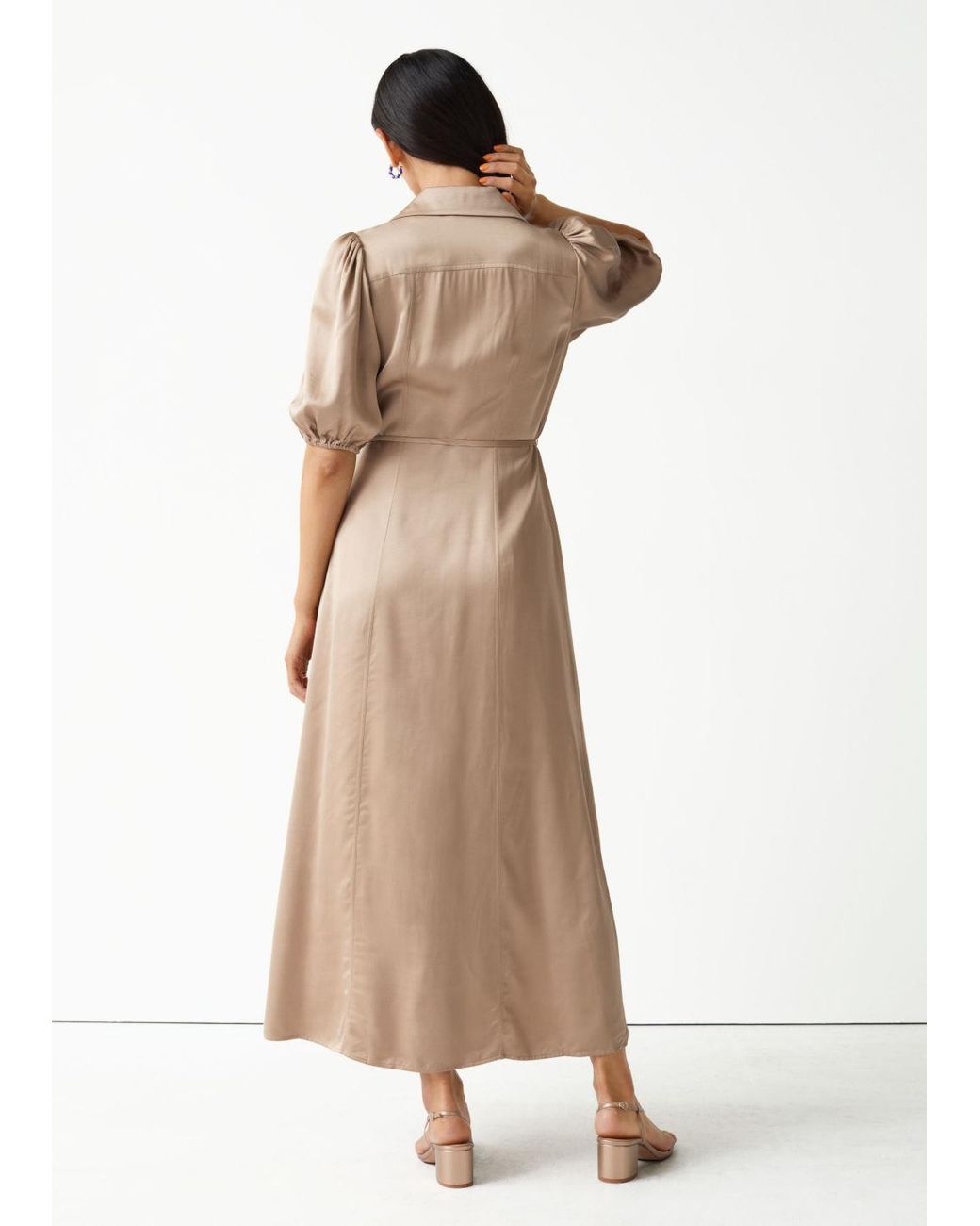 Natural & Other Stories Belted Puff Sleeve Midi Dress in Beige Womens Dresses & Other Stories Dresses 