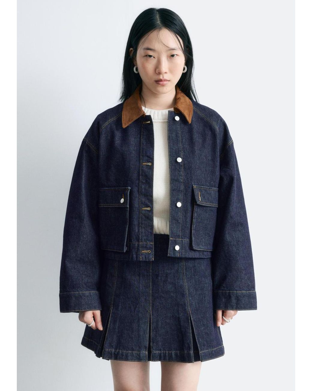 & Other Stories Blue Short Cord-Collar Denim Jacket