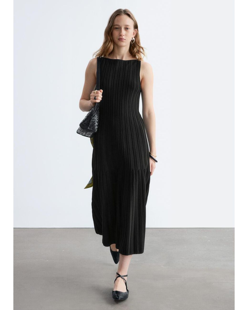& Other Stories Black Rib-Knit Midi Dress