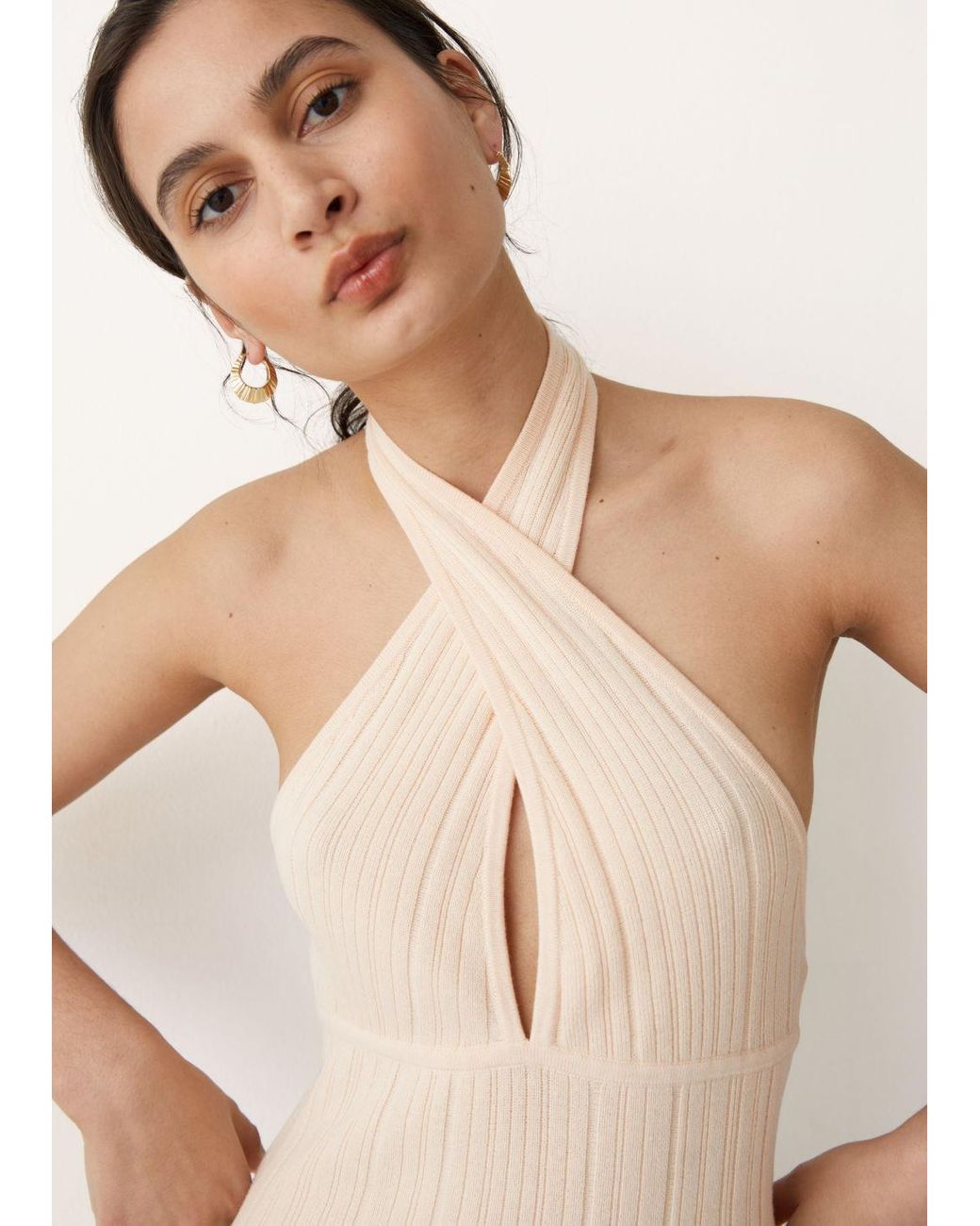 Wool Halter Knit Mini Dress in Beige 
