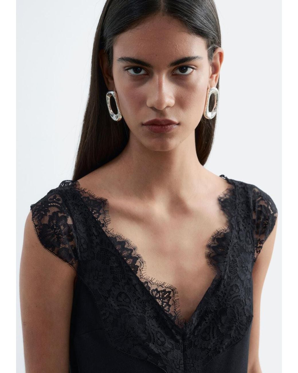 & Other Stories Black Lace-Trim Midi Dress