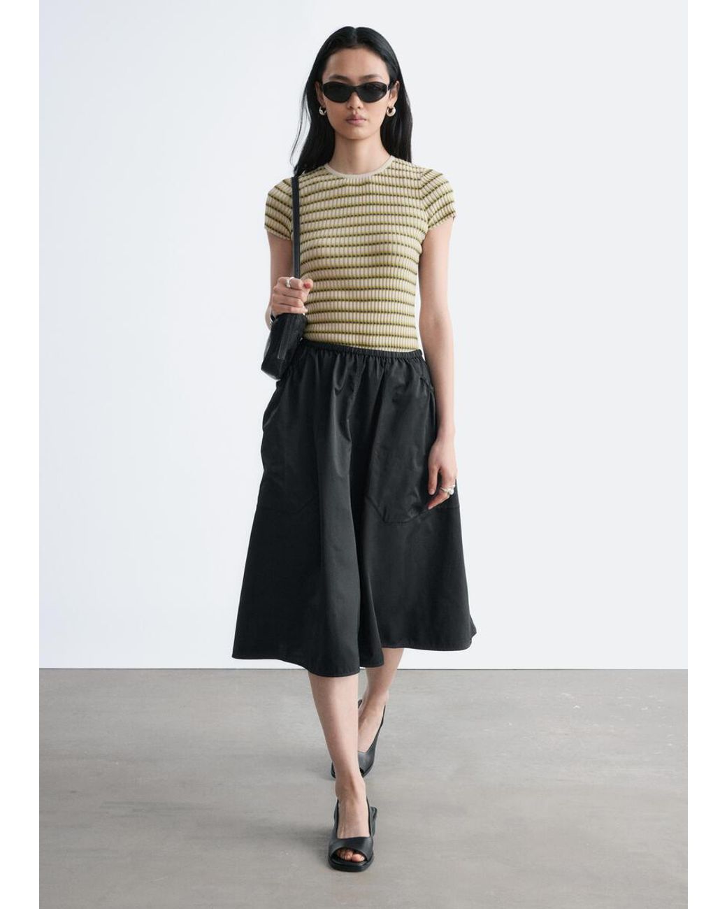& Other Stories Black Gathered Twill Midi Skirt
