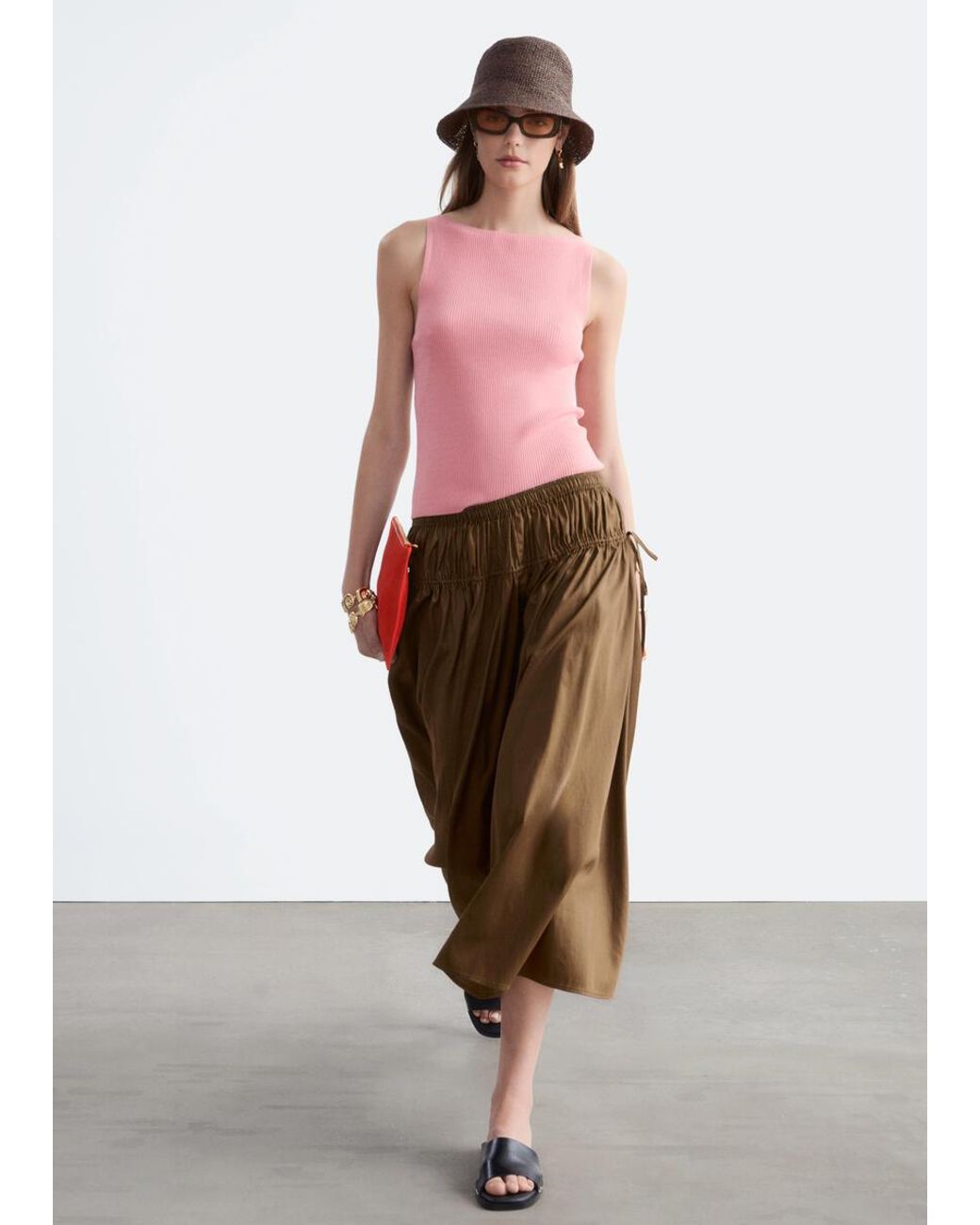& Other Stories Pink Cotton Drawstring Midi Skirt