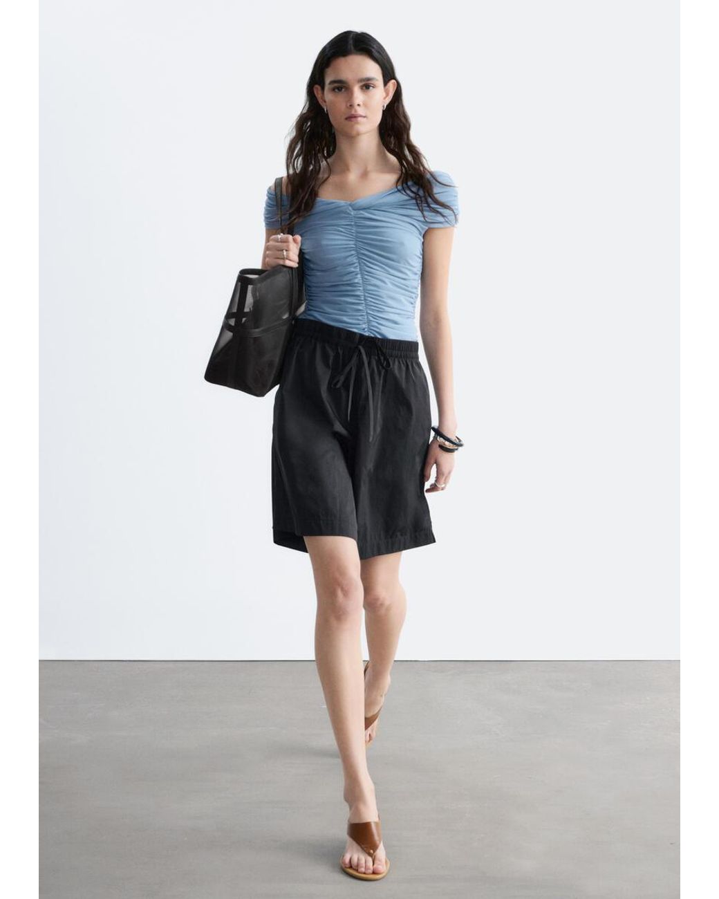 & Other Stories Blue Ruched V-Neck Mesh Top