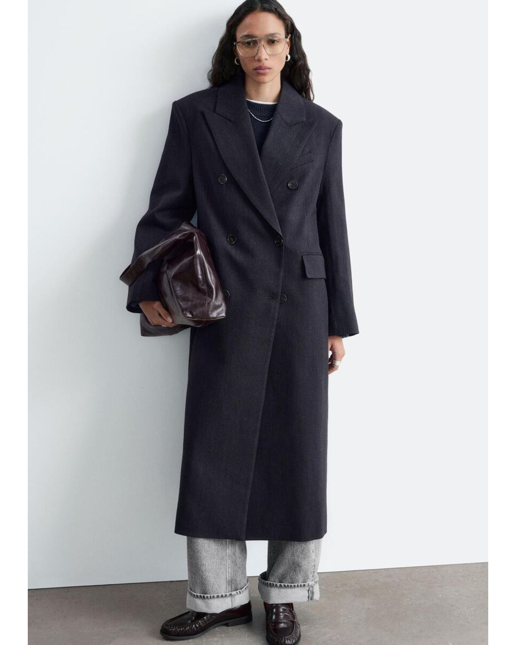 & Other Stories Blue Double-Breasted Cotton-Wool Coat