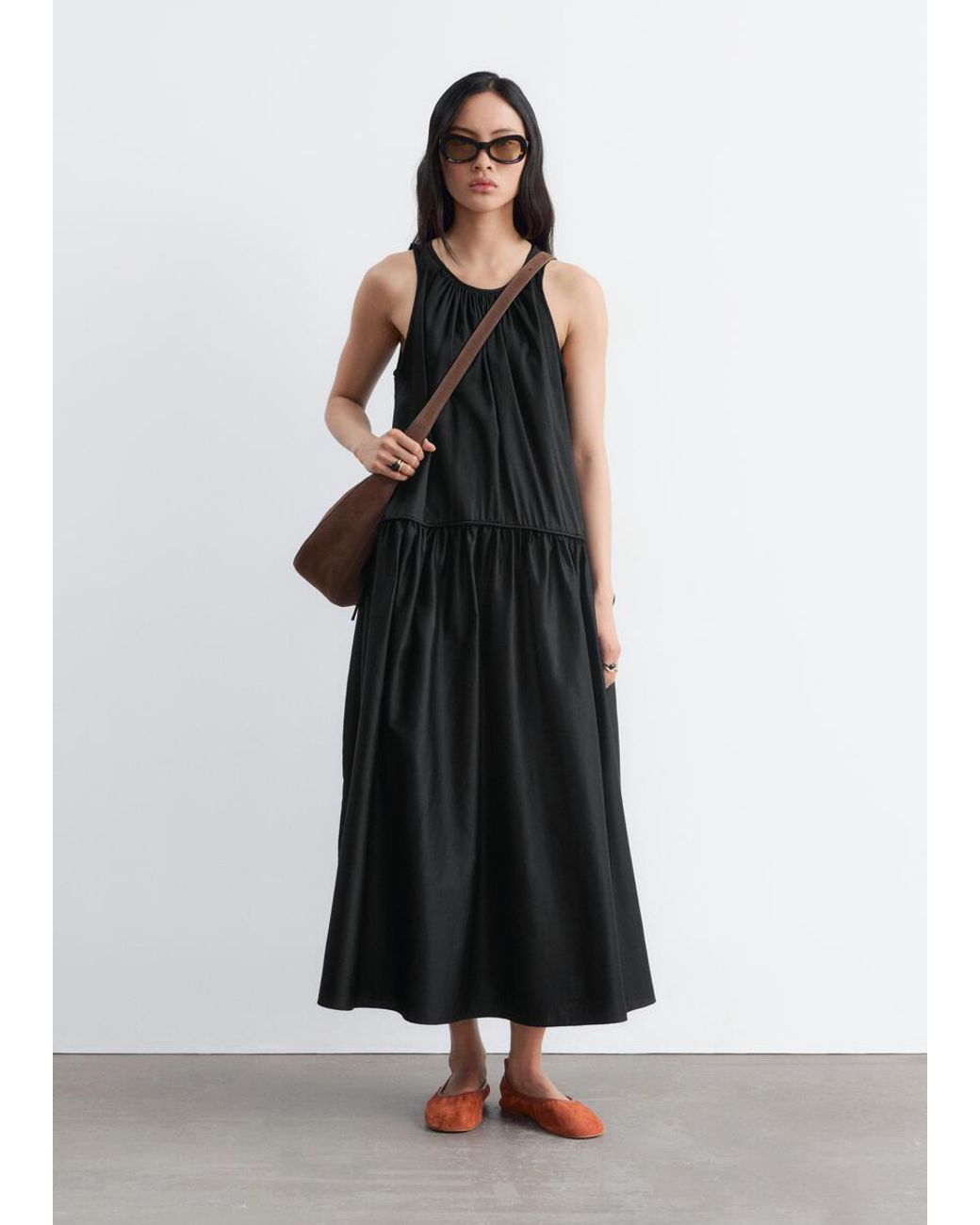 & Other Stories Black Gathered Cotton Dress