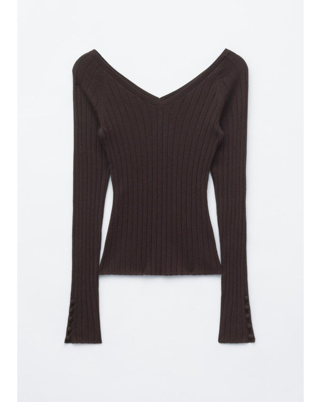 & Other Stories Brown Ribbed Wool V-Neck Top