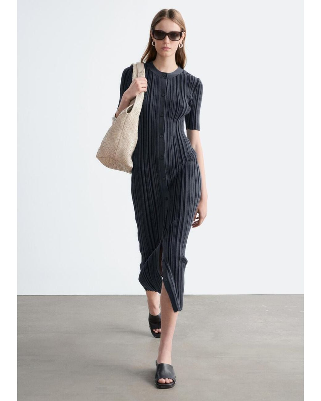 & Other Stories Blue Rib-Knit Midi Dress