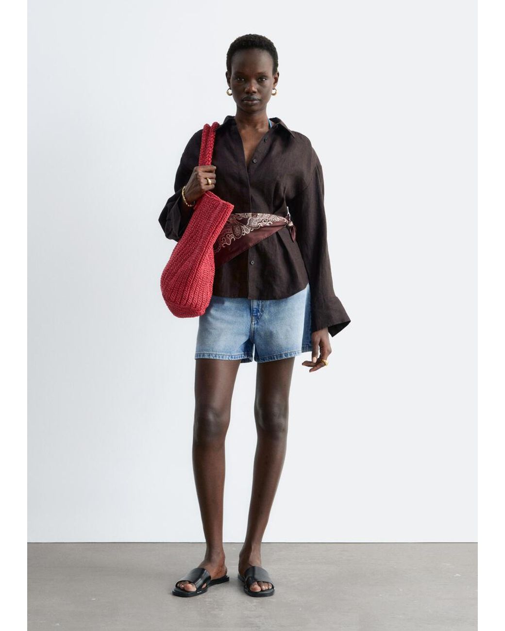 & Other Stories Red Pleated-Waist Linen Shirt