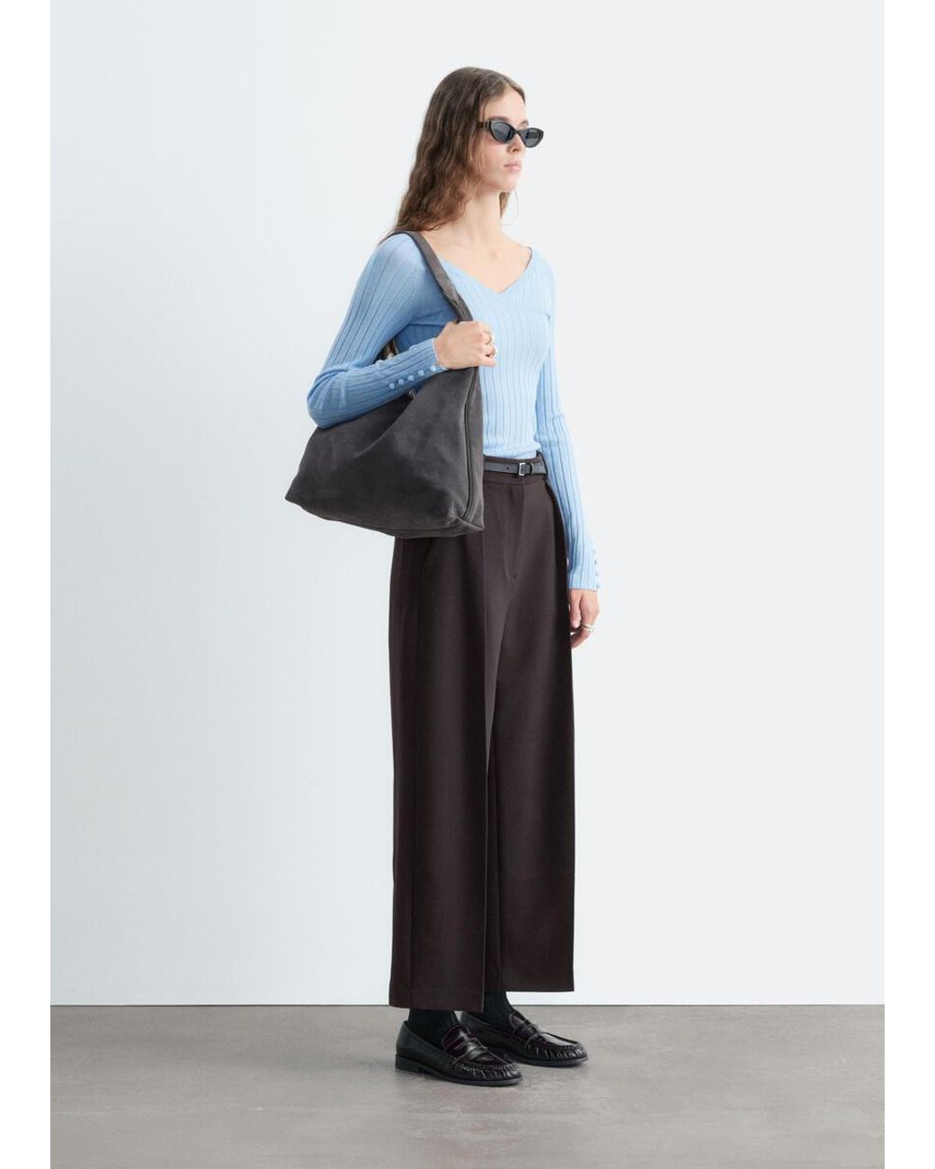 & Other Stories Blue Ribbed Wool V-Neck Top