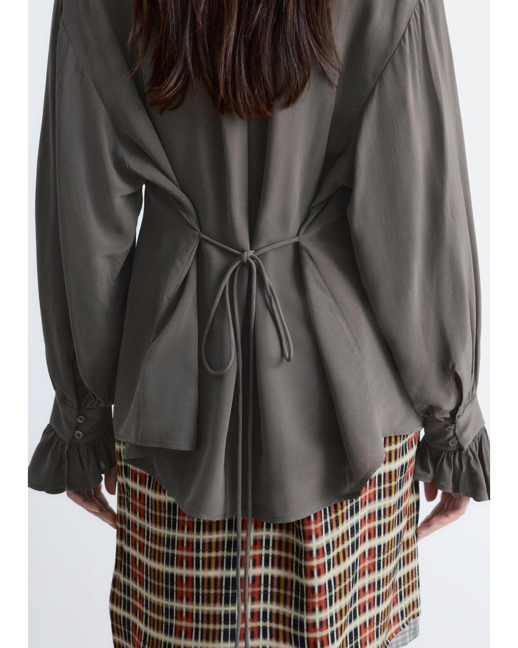 & Other Stories Gray Tie-Back Gathered Blouse