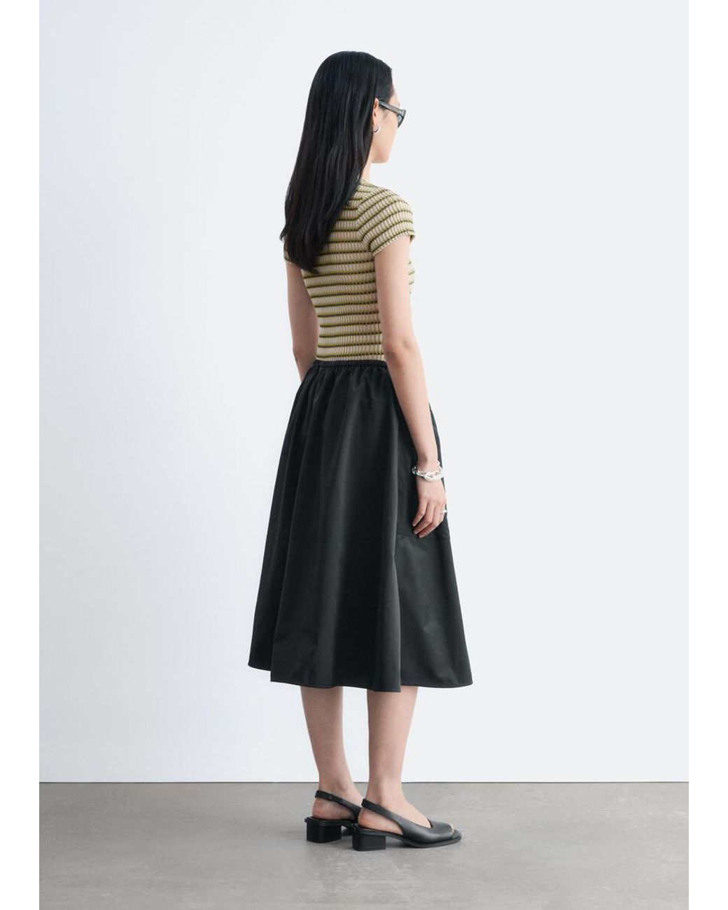 & Other Stories Black Gathered Twill Midi Skirt