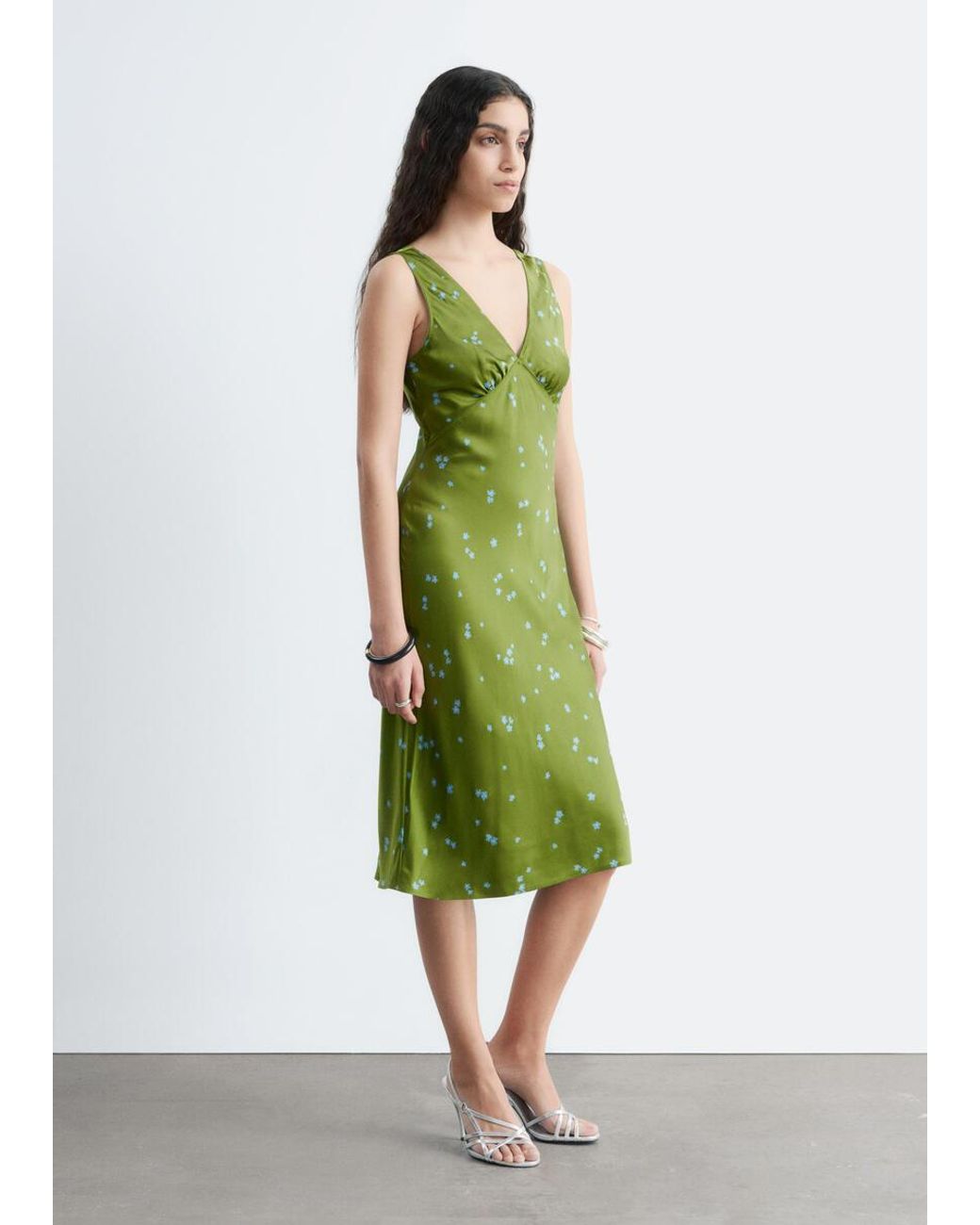 & Other Stories Green V-Neck Slip Midi Dress