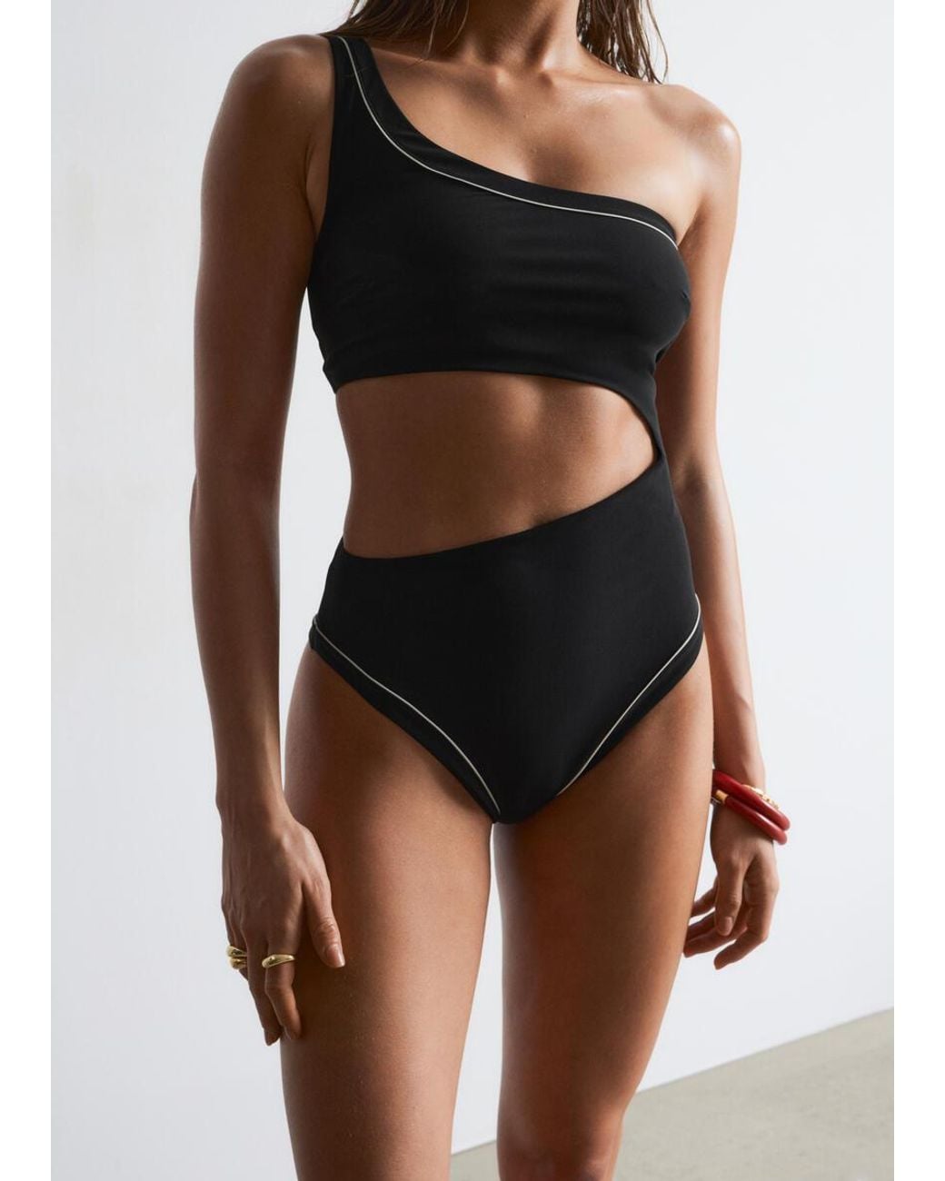& Other Stories Black One-Shoulder Cut-Out Swimsuit