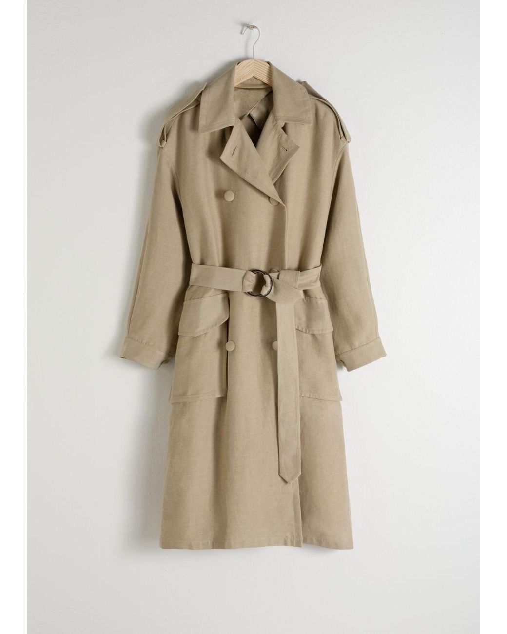Belted Linen Blend Trench Coat in Beige 