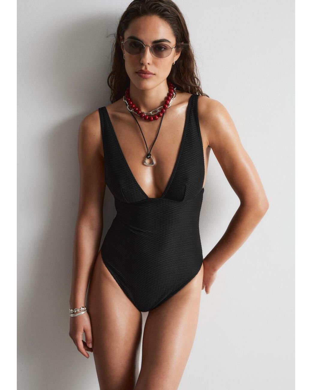 & Other Stories Black Textured Swimsuit