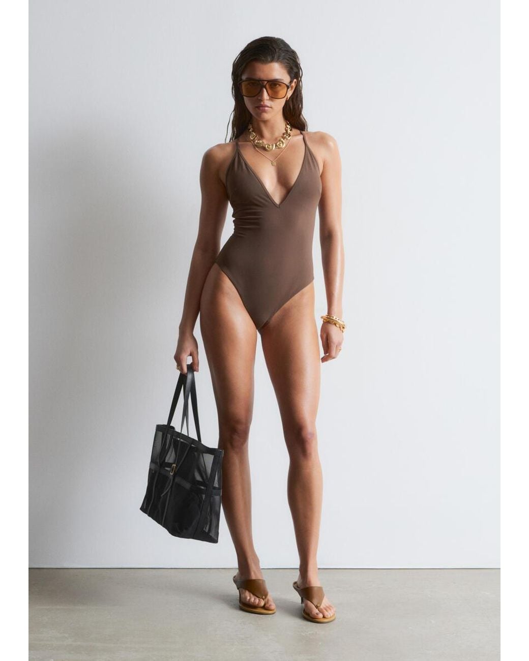& Other Stories Brown Cross-Back Swimsuit