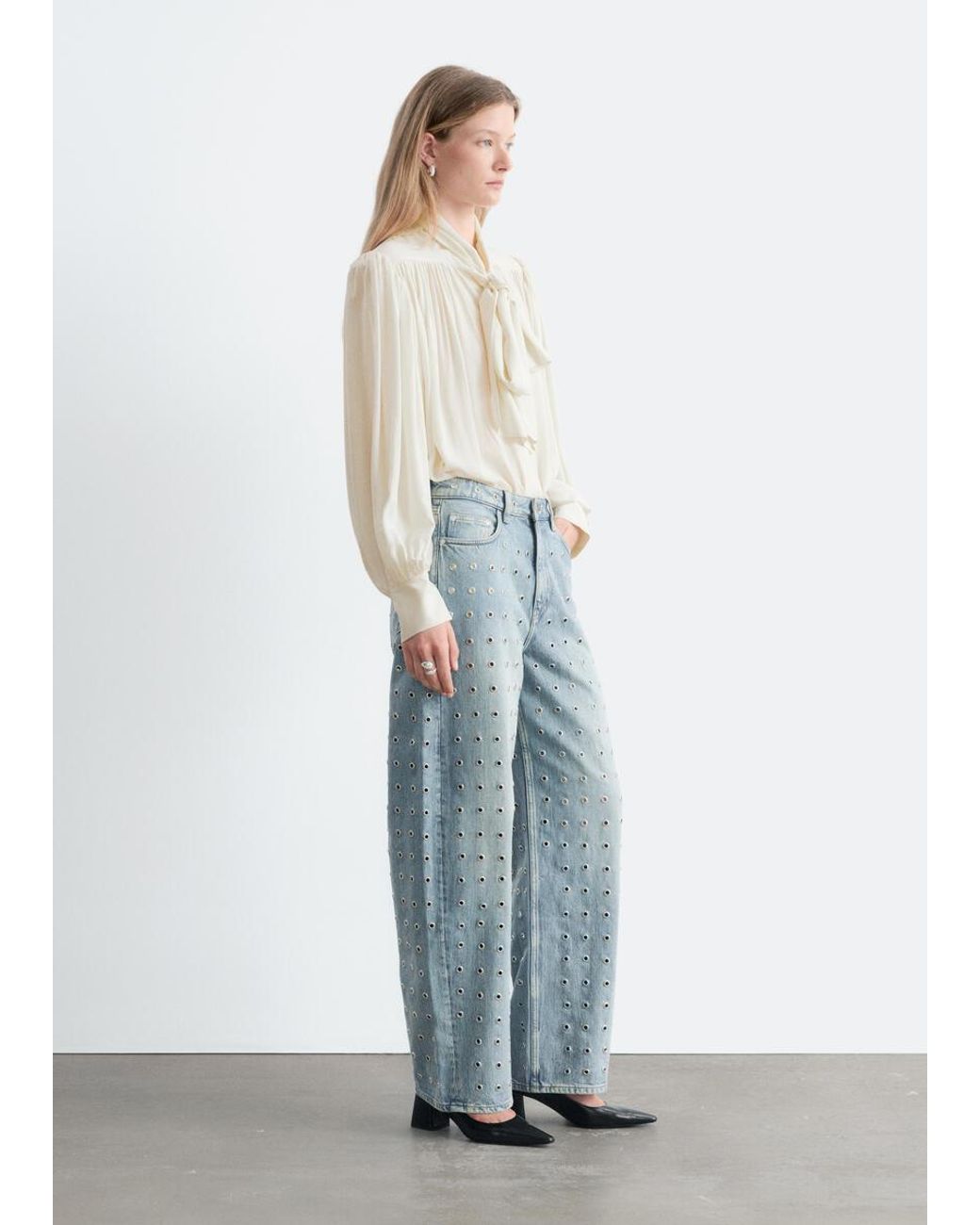 & Other Stories Blue Tie-Neck Gathered Blouse