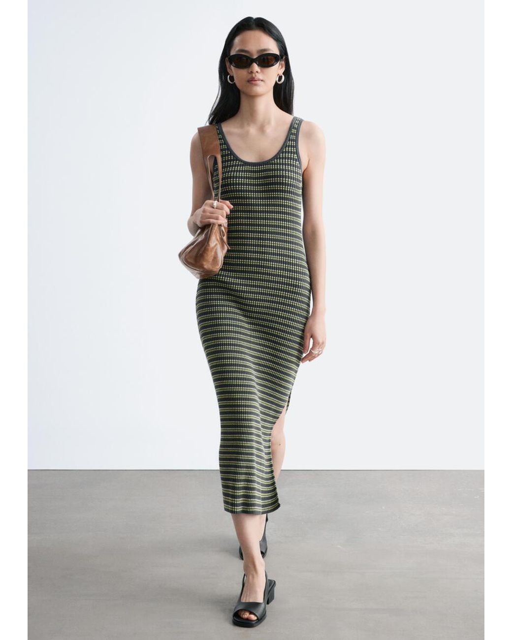 & Other Stories White Striped Rib-Knit Midi Dress
