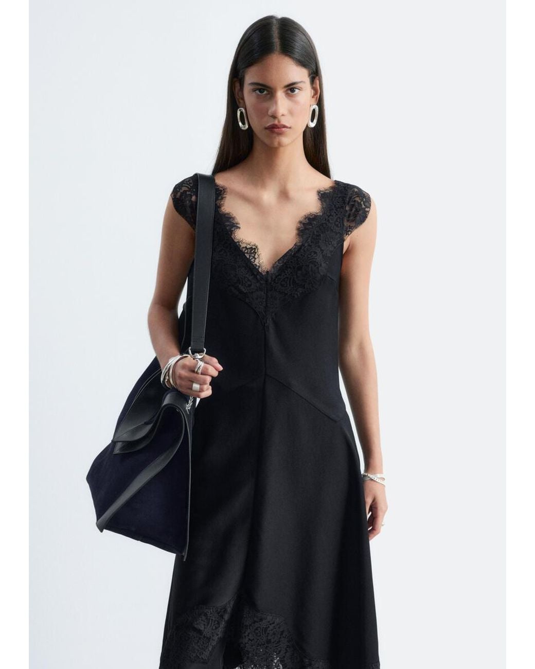 & Other Stories Black Lace-Trim Midi Dress