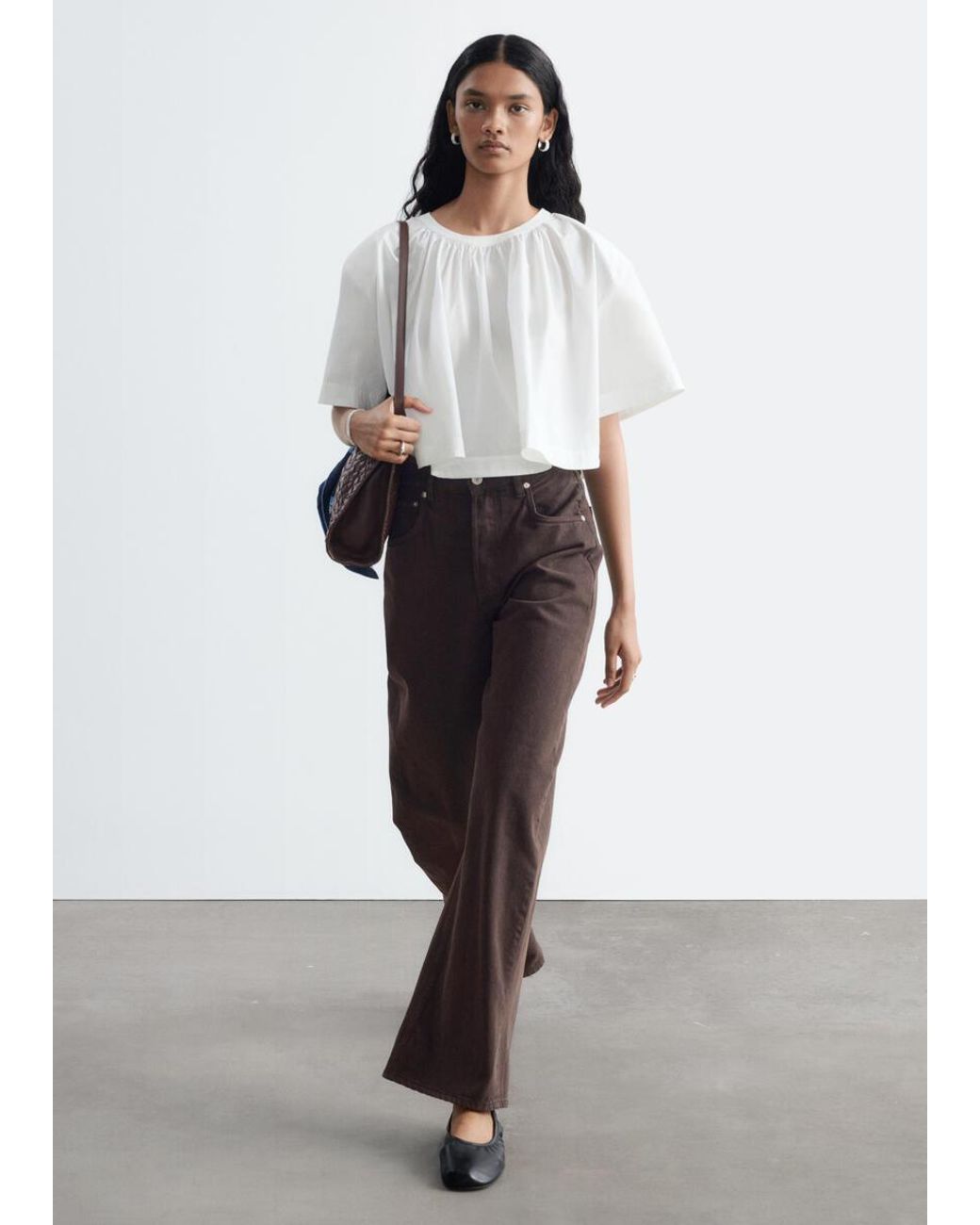 & Other Stories White Gathered Cotton Crop Blouse