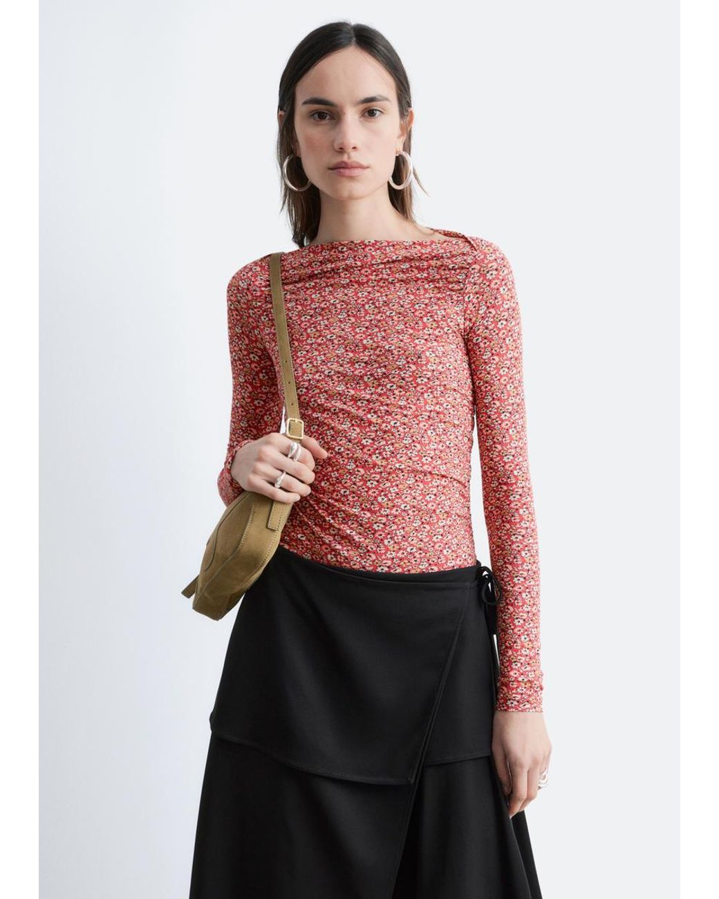 & Other Stories Red Ruched Floral Top