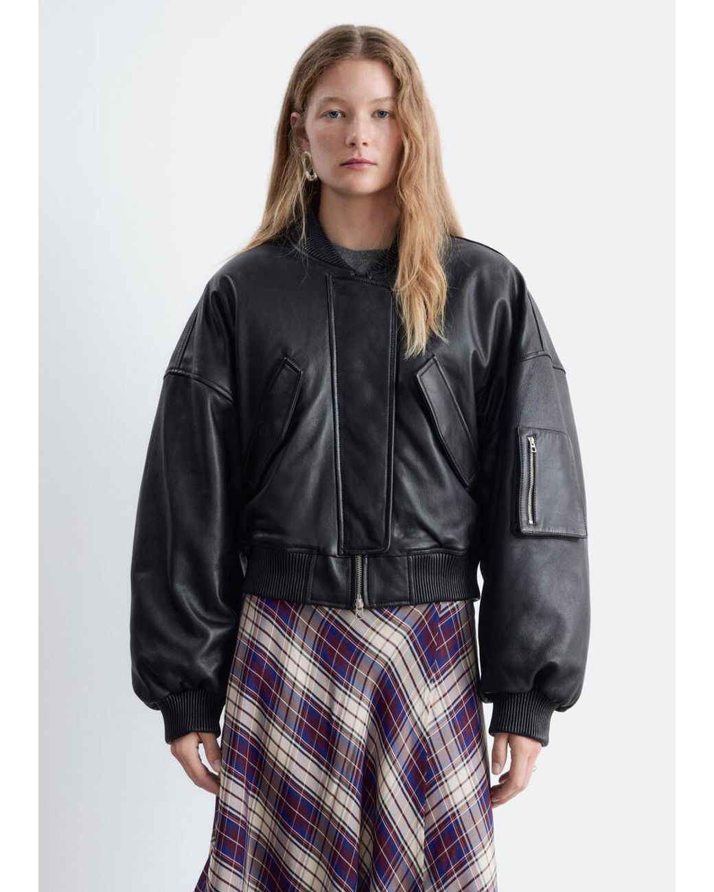 & Other Stories White Cropped Leather Bomber Jacket