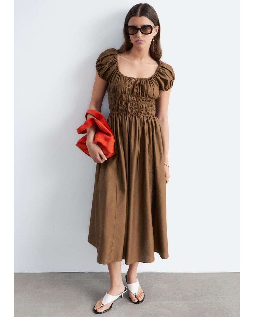 & Other Stories Brown Cotton Smocked Midi Dress