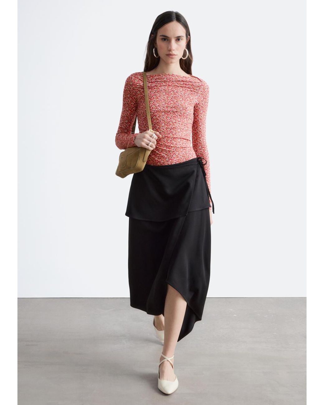 & Other Stories Red Ruched Floral Top