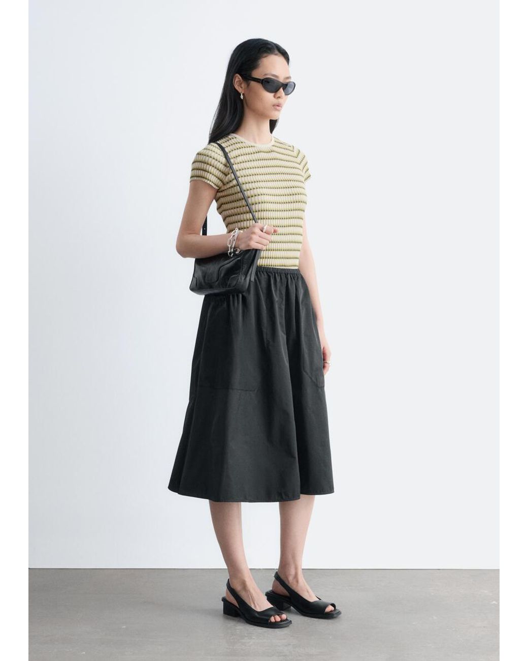 & Other Stories Black Gathered Twill Midi Skirt