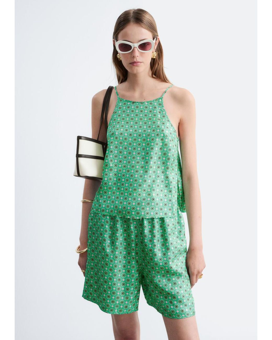 & Other Stories Green Silk Drawstring Shorts