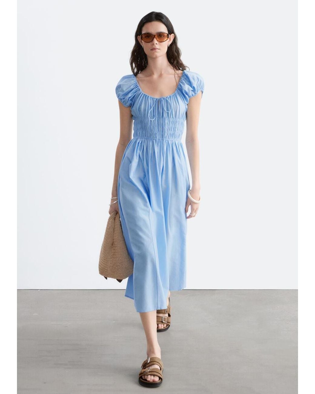 & Other Stories Blue Cotton Smocked Midi Dress