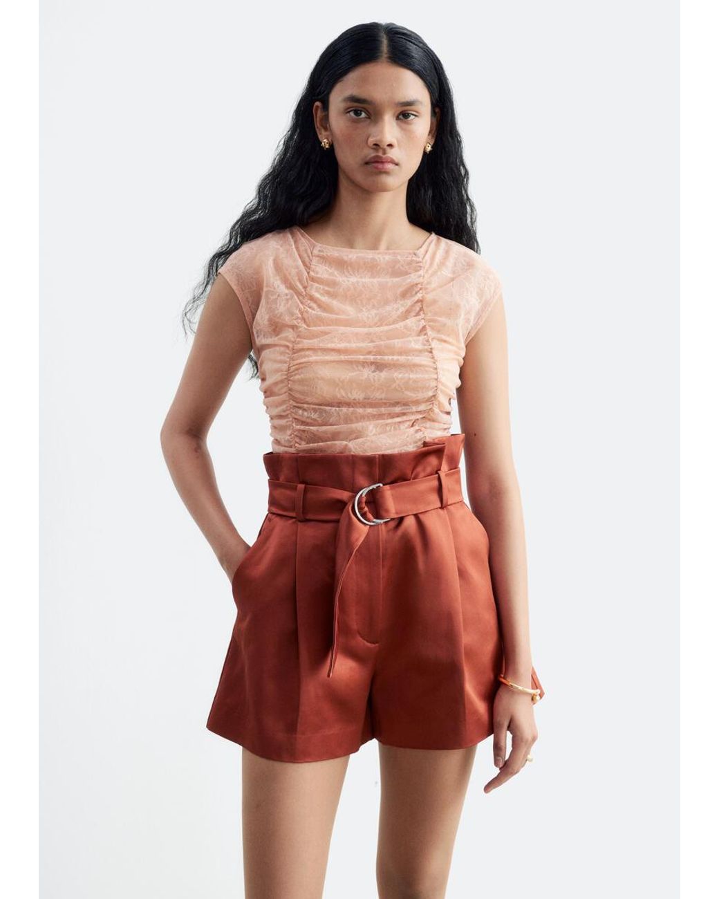 & Other Stories Red Paperbag Waist Shorts