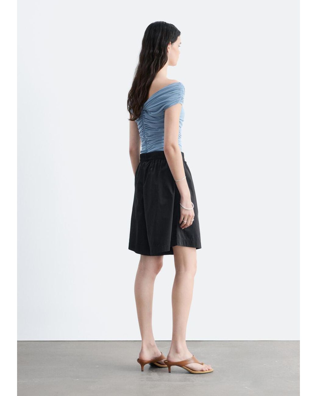 & Other Stories Blue Ruched V-Neck Mesh Top