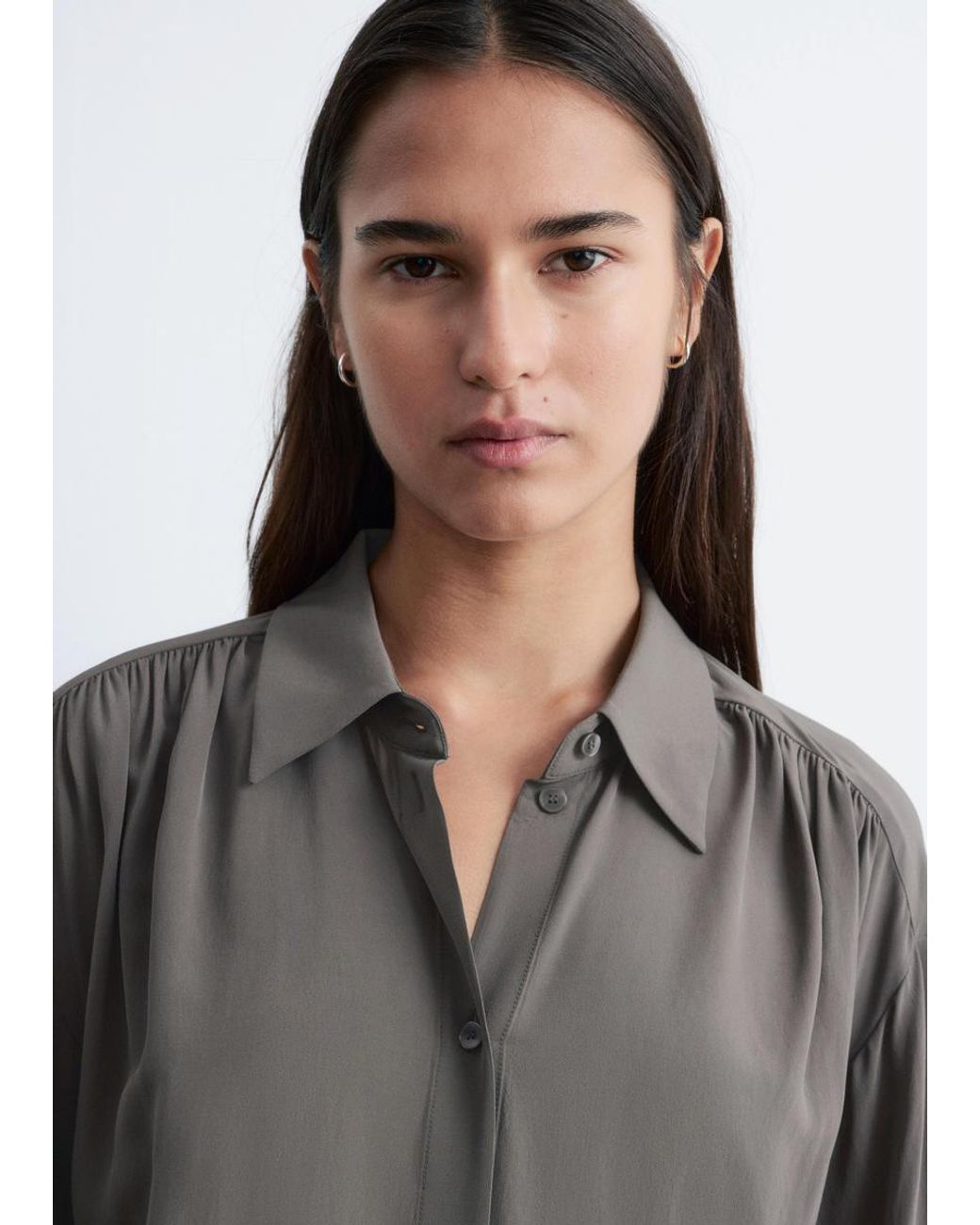 & Other Stories Gray Tie-Back Gathered Blouse