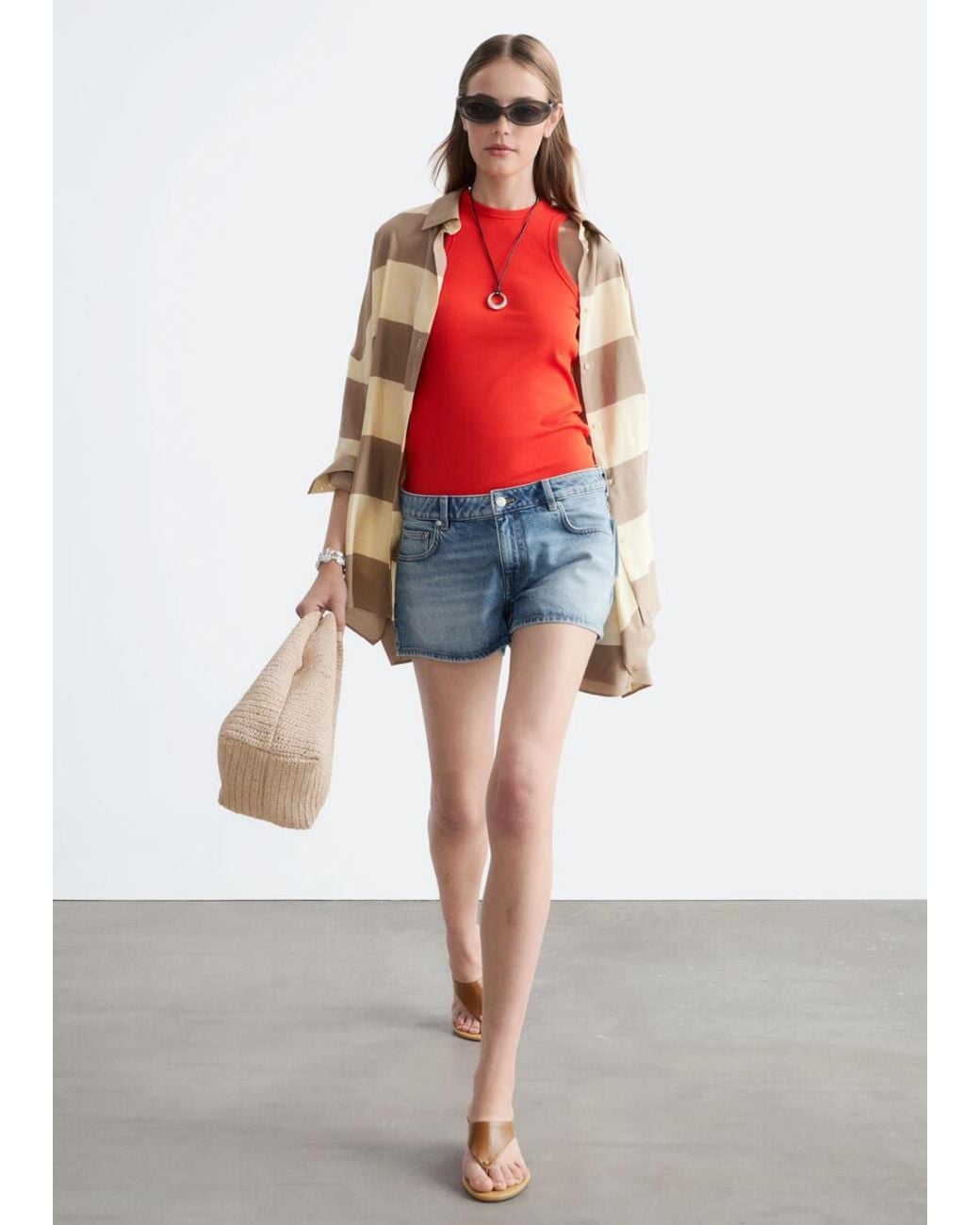 & Other Stories Red Low-Waist Denim Mini Shorts