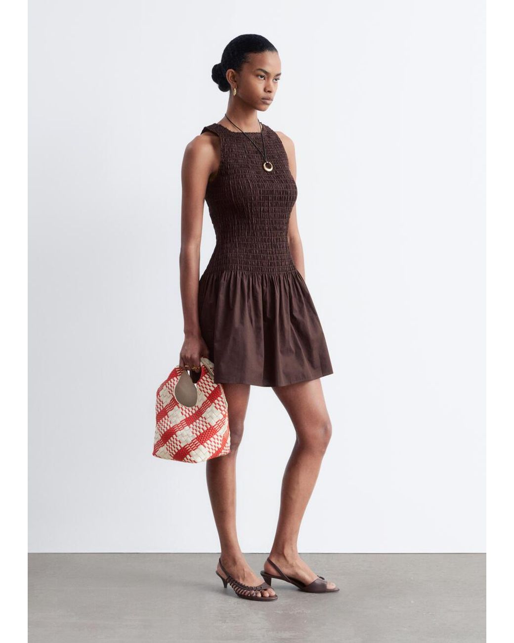 & Other Stories Brown Smocked Cotton Poplin Mini Dress