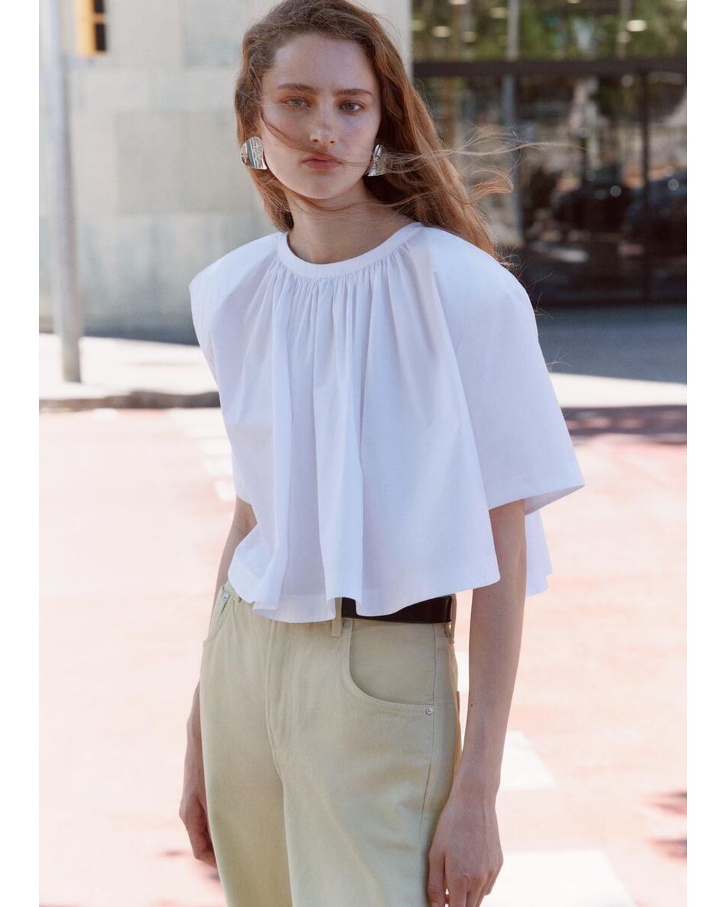 & Other Stories White Gathered Cotton Crop Blouse