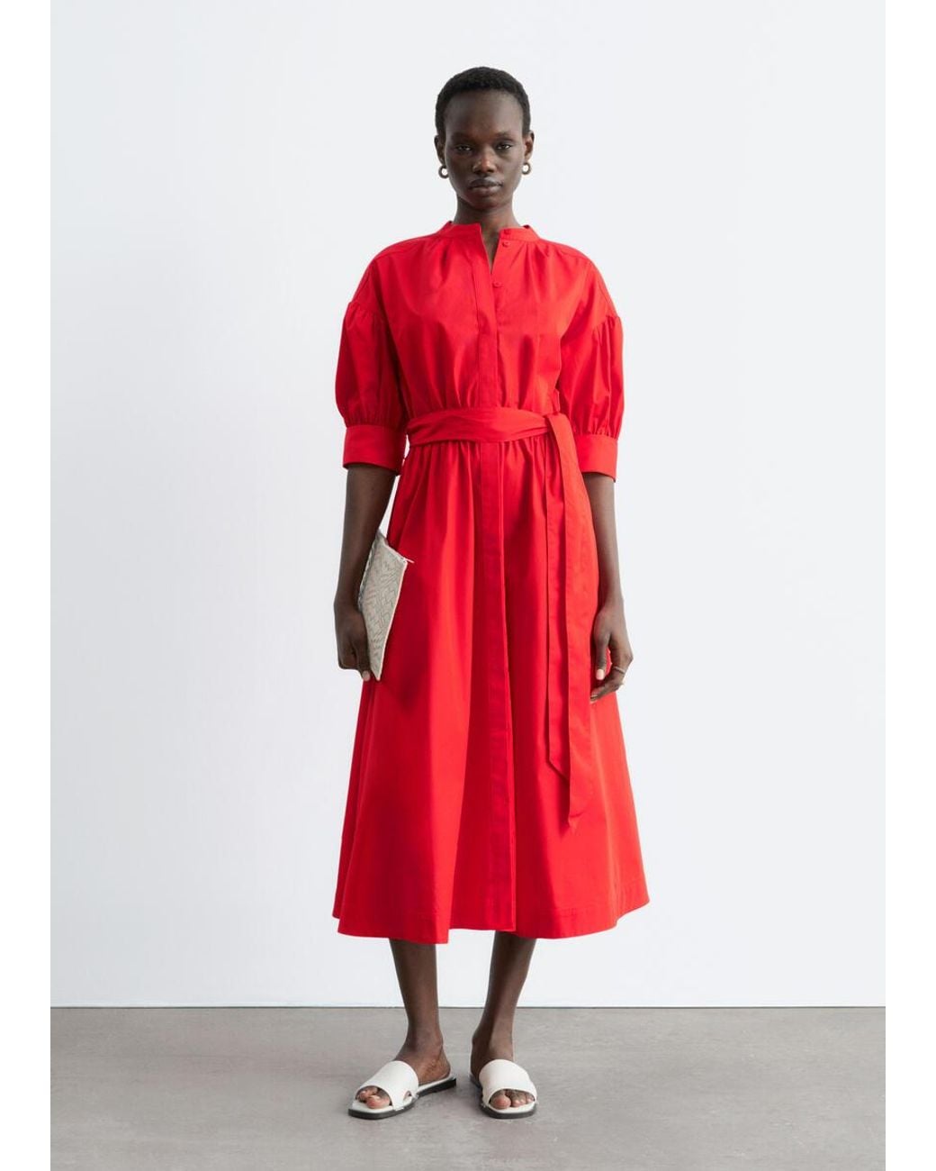 & Other Stories Red Belted Cotton Dress