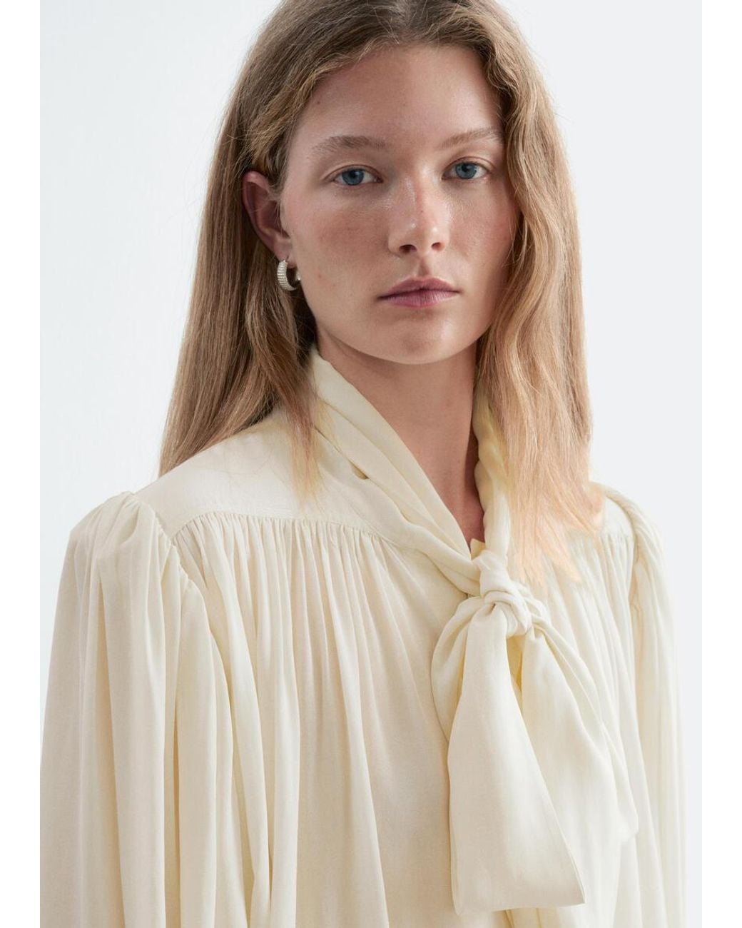 & Other Stories Blue Tie-Neck Gathered Blouse