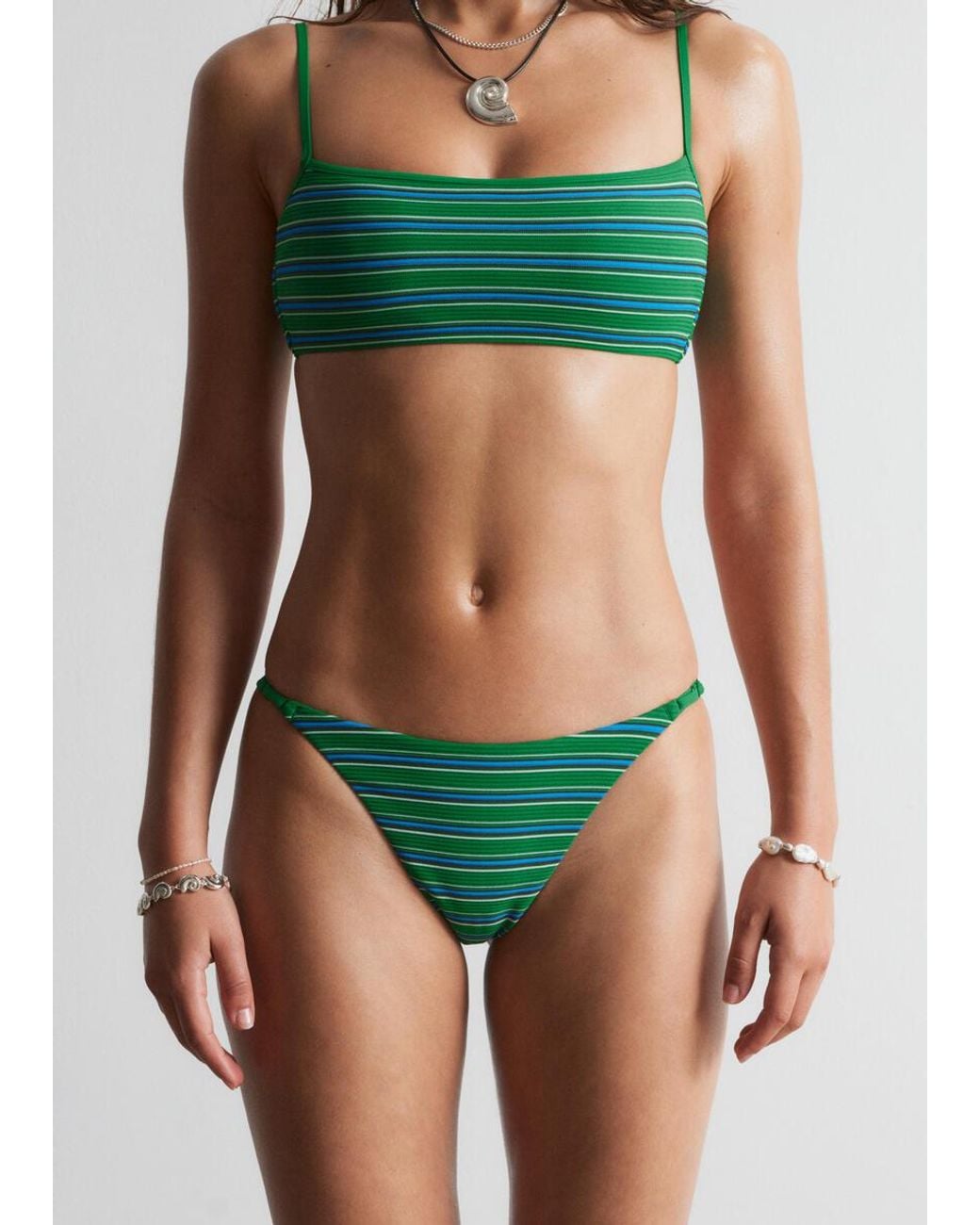 & Other Stories Green Striped Bikini Top