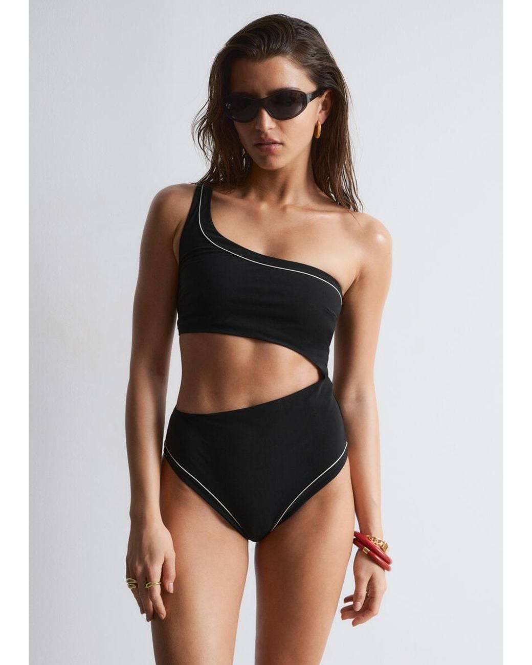 & Other Stories Black One-Shoulder Cut-Out Swimsuit