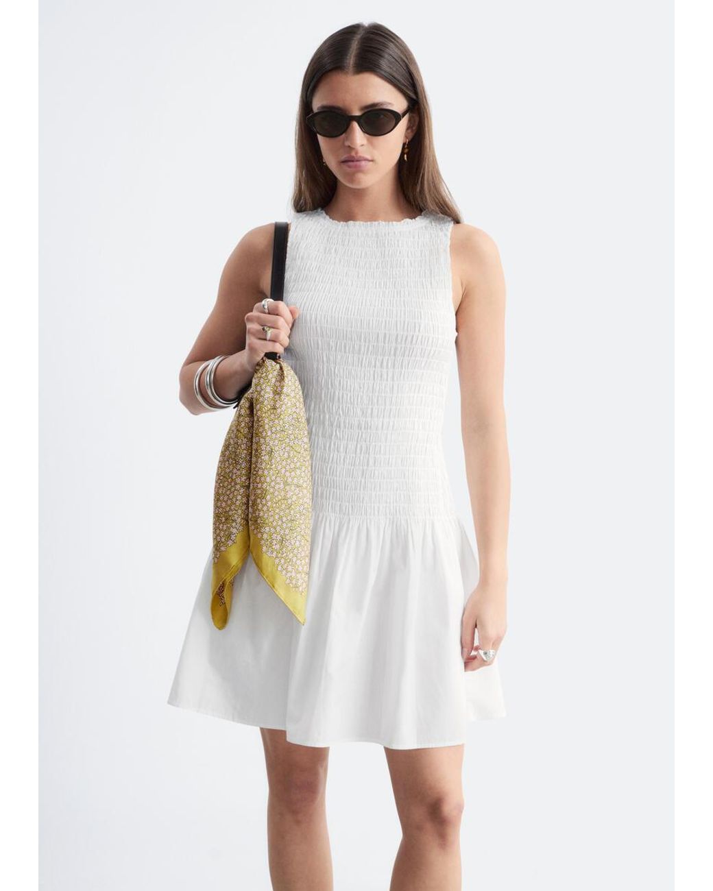 & Other Stories White Smocked Cotton Poplin Mini Dress