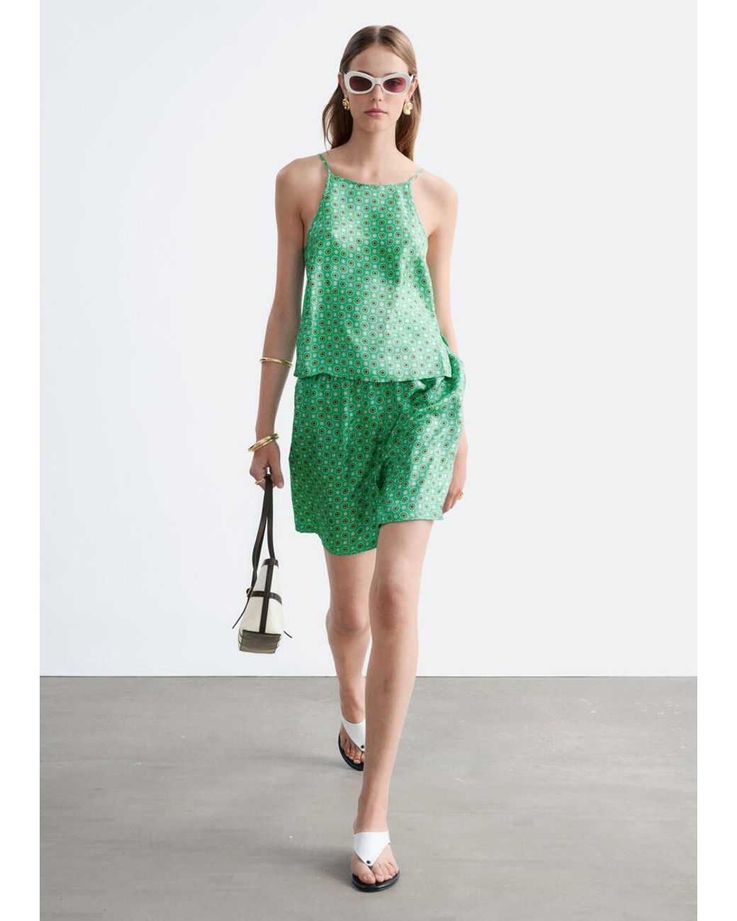 & Other Stories Green Silk Drawstring Shorts