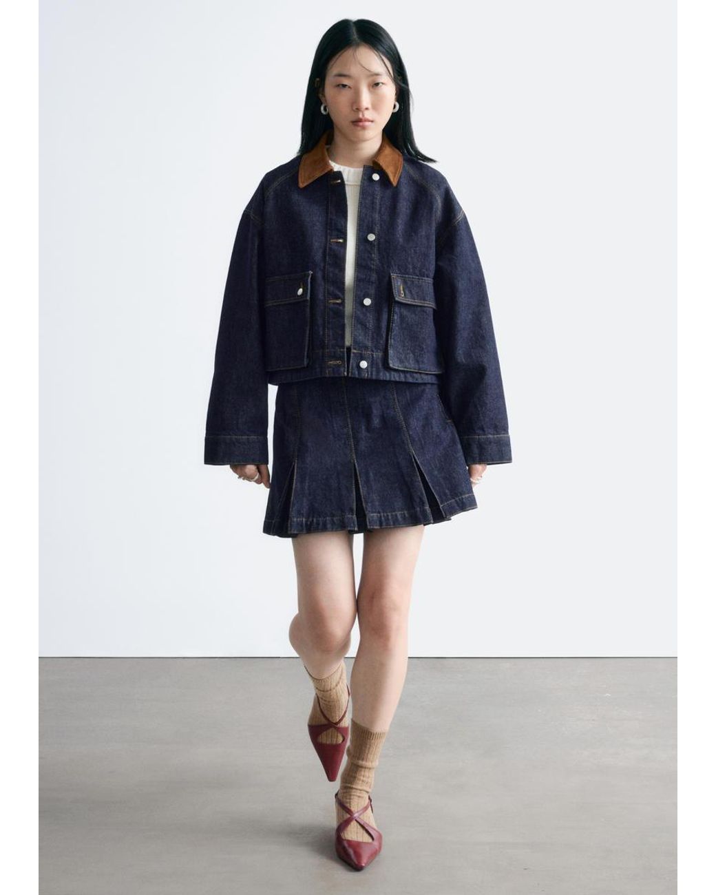 & Other Stories Blue Short Cord-Collar Denim Jacket