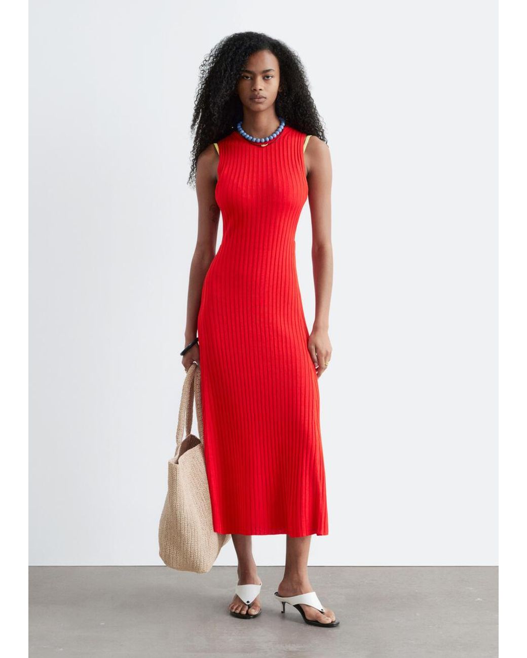 & Other Stories Red Ribbed Midi Dress